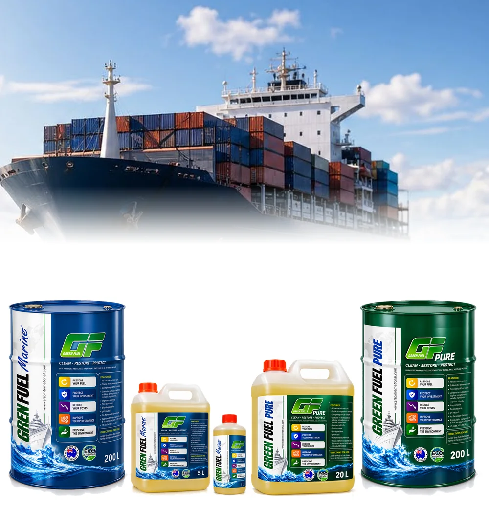 Container ship above the Green Fuel range: Marine 200 L drum, 5 L jerrycan and 1 L bottle, Pure 20 L jerrycan and 200 L drum